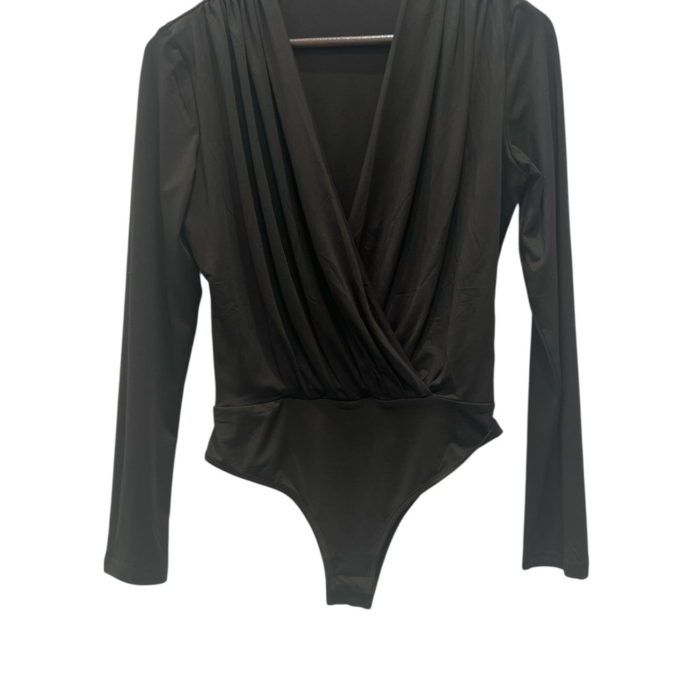 LYANER Women Black Long Sleeve Bodysuit Surplice Wrap Stretch Top Size L